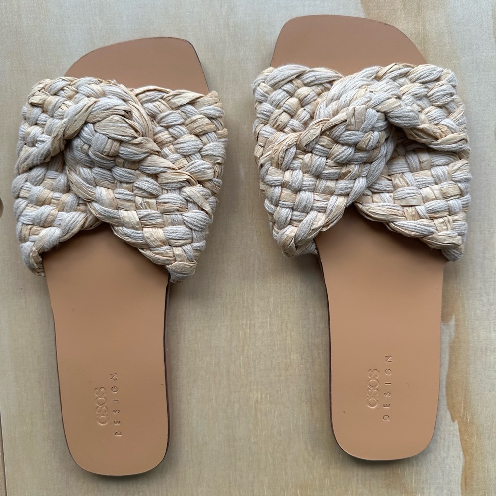 Asos Design Wide Fit Flossie Woven Flat Sandal Natural Color (US WIDE 6)